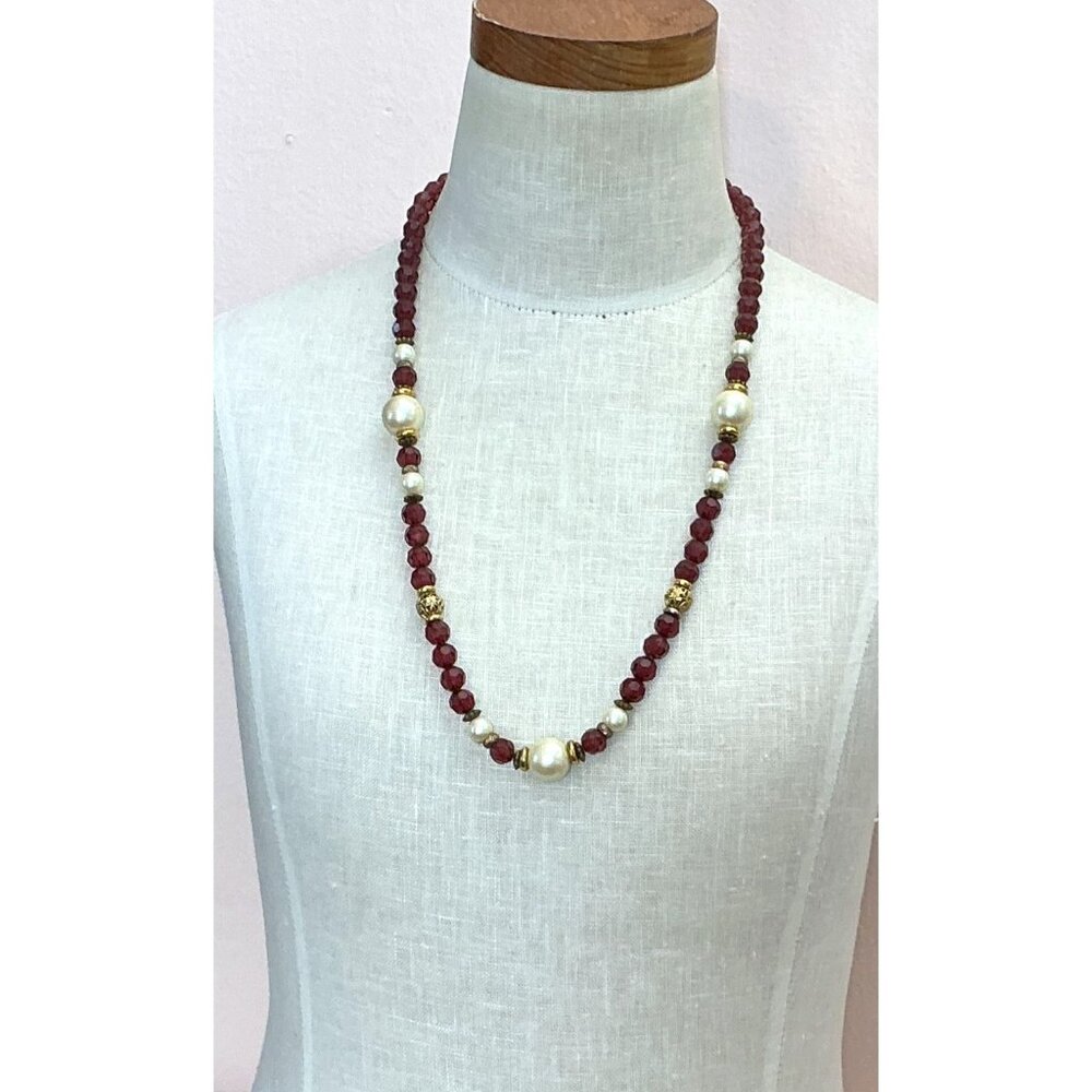 Vintage 1928 Gold-Tone Necklace With Burgundy and Faux Pearl Beads